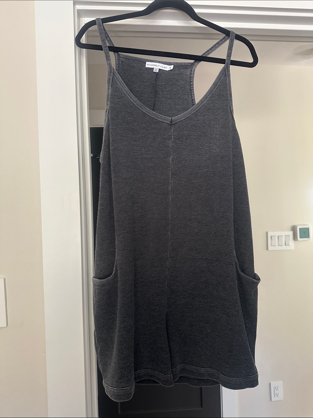 Sincerly Jules Charcoal Gray Sleeveless Pocket Romper